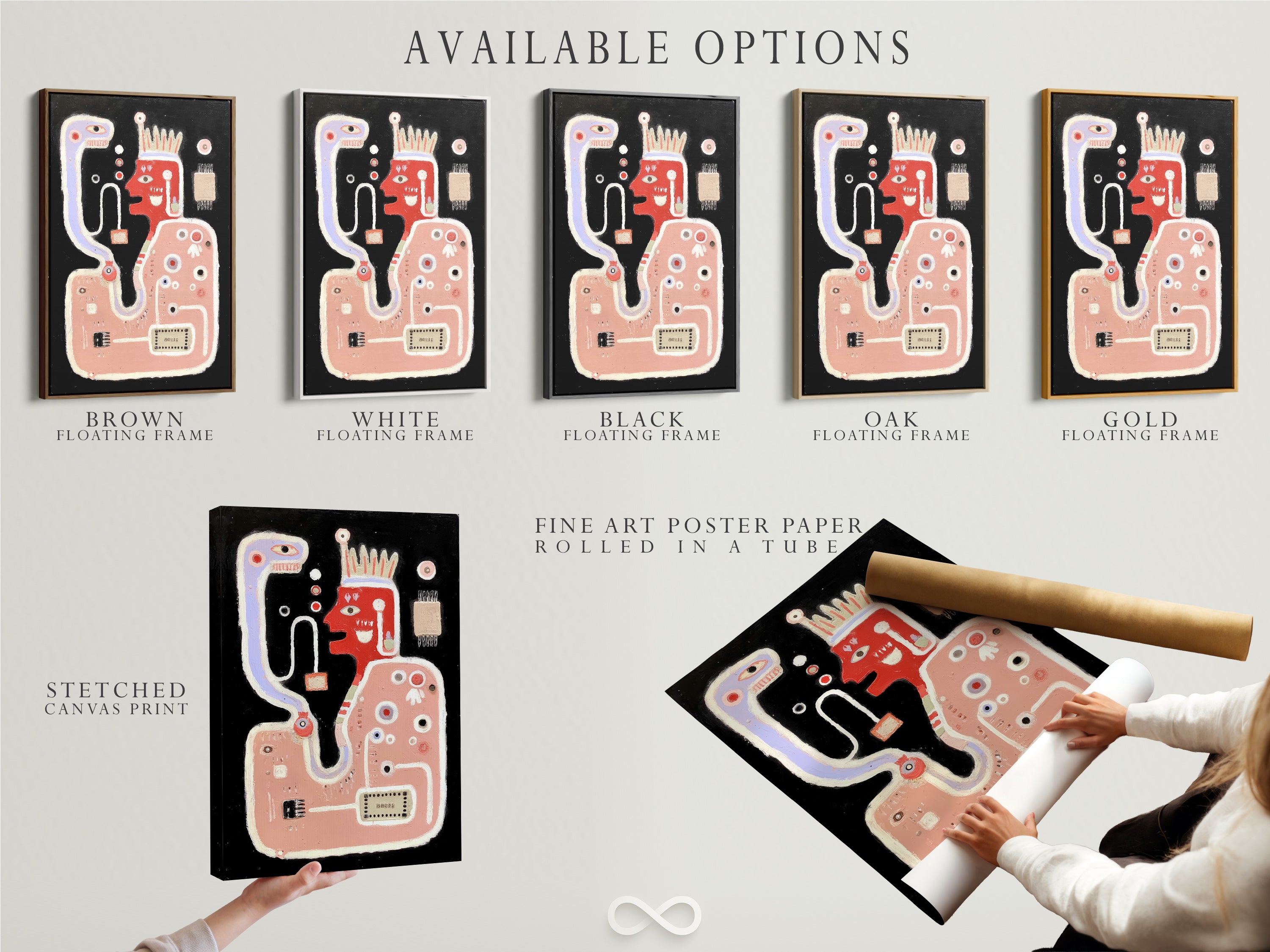 Available options include a stretched canvas print fine art poster paper and a floating frame. Choose the perfect format for your abstract monster art. These options cater to various decor styles. It is perfect for kids room decor.