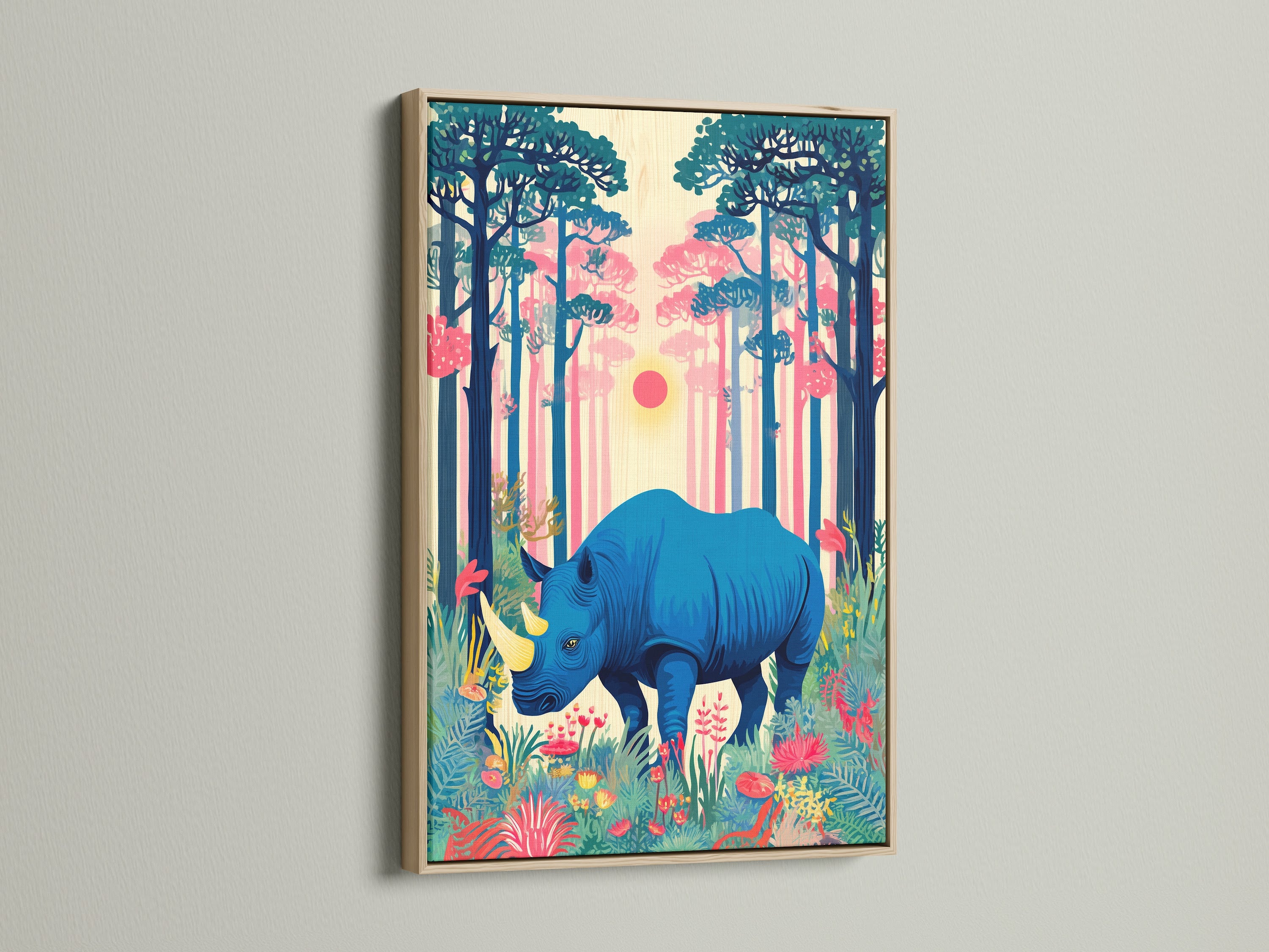 A stunning oak frame showcases the blue rhino artwork. This wildlife canvas brings a touch of nature indoors. The tropical print enhances your home decor. The oak frame complements the colorful artwork beautifully. Add savanna art to your living space.