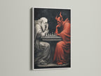 Chess Master Devil vs Angel artwork with a white frame. This chess wall art is perfect for collectors of gothic decor. It brings a unique touch to home offices and libraries. Red and black colors enhance the gothic style.
