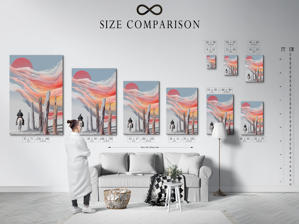 A size comparison chart shows the artwork in an interior setting. Visualize how this cowboy sunset art fits in your space. Choose the perfect size for your living room or office. Enhance your decor with this western landscape.