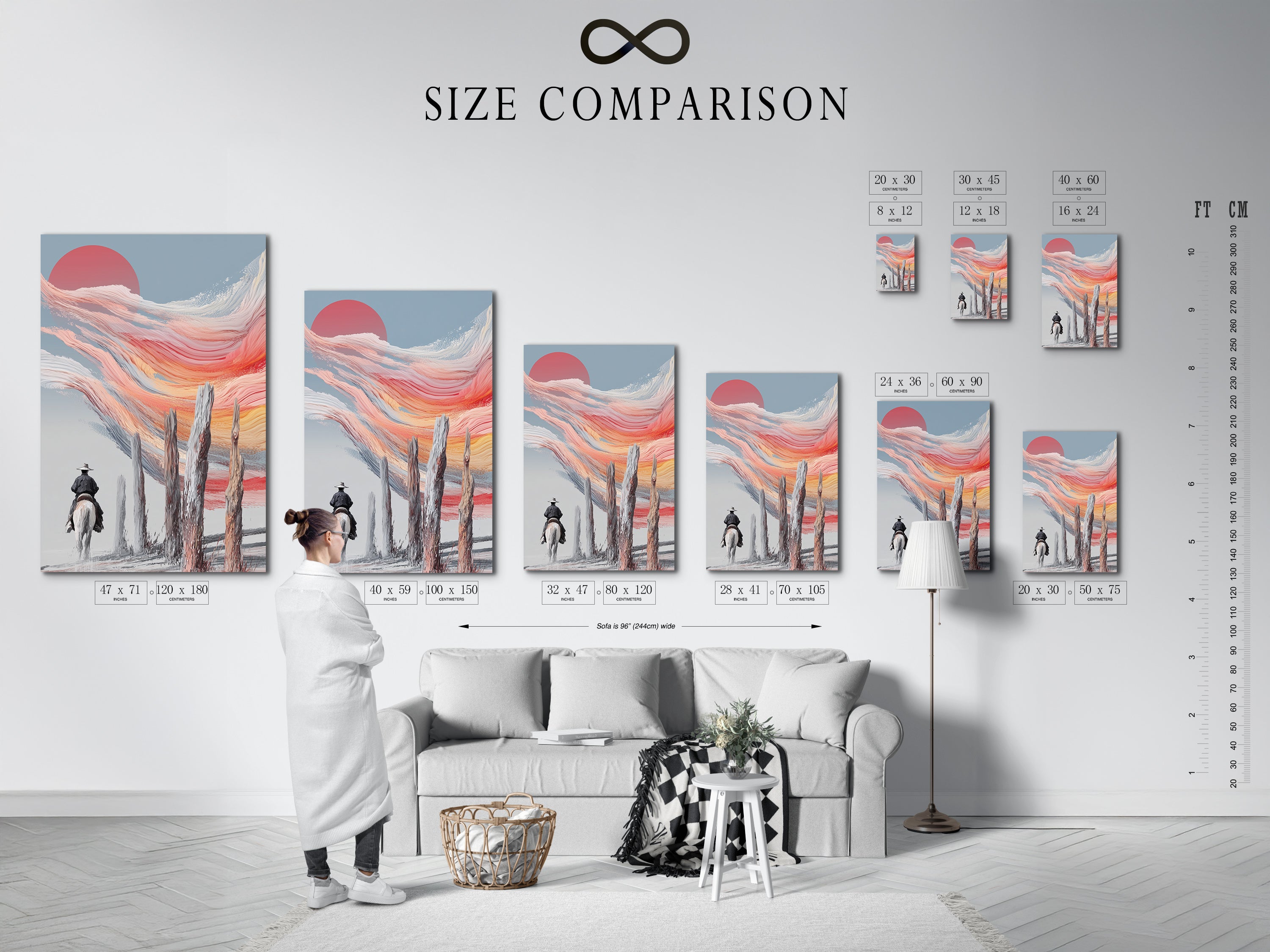 A size comparison chart shows the artwork in an interior setting. Visualize how this cowboy sunset art fits in your space. Choose the perfect size for your living room or office. Enhance your decor with this western landscape.