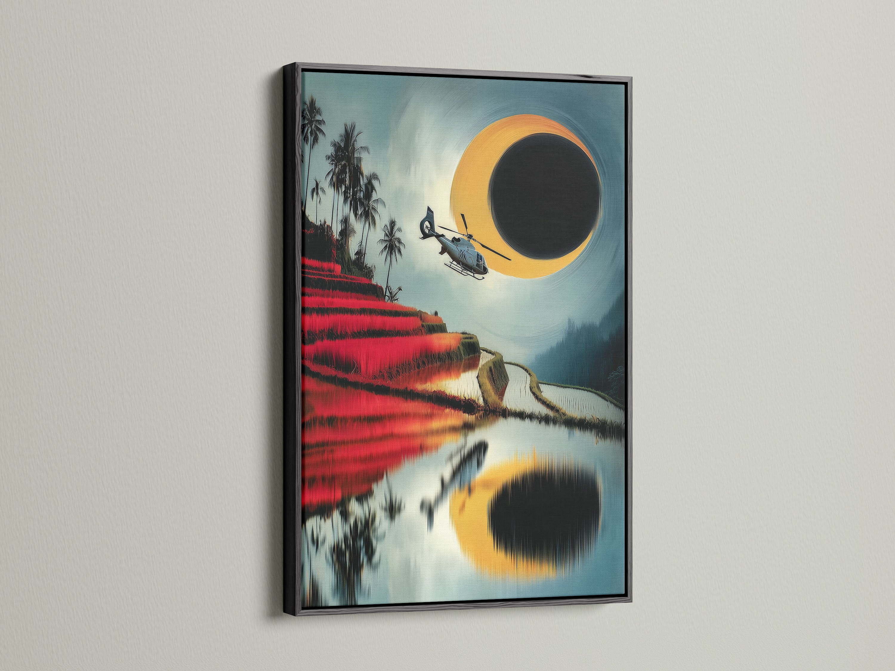 Helicopter Over Rice Terraces canvas art in a sleek black frame. This aviation art piece features a helicopter over teal and red rice terraces. The black frame adds a sophisticated touch to your office or home decor. A perfect adventure print