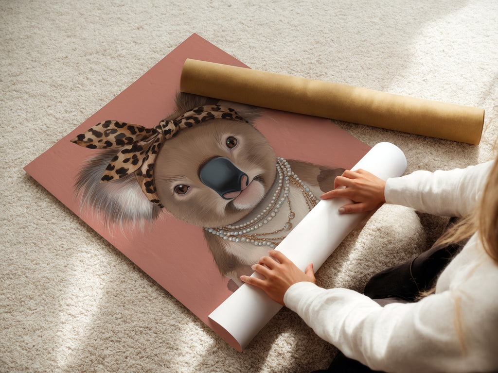 A woman rolls fine art poster paper. She is preparing Koala Wall Art for printing. This trendy animal canvas print will become modern art for nurseries and kids' rooms. The paper ensures a high-quality finish.