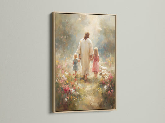 Artwork with an oak frame on a wall. The art depicts Jesus Christ leading two young girls through a vibrant meadow. The oak frame enhances the artwork's warmth and natural beauty. Enhance your space today.