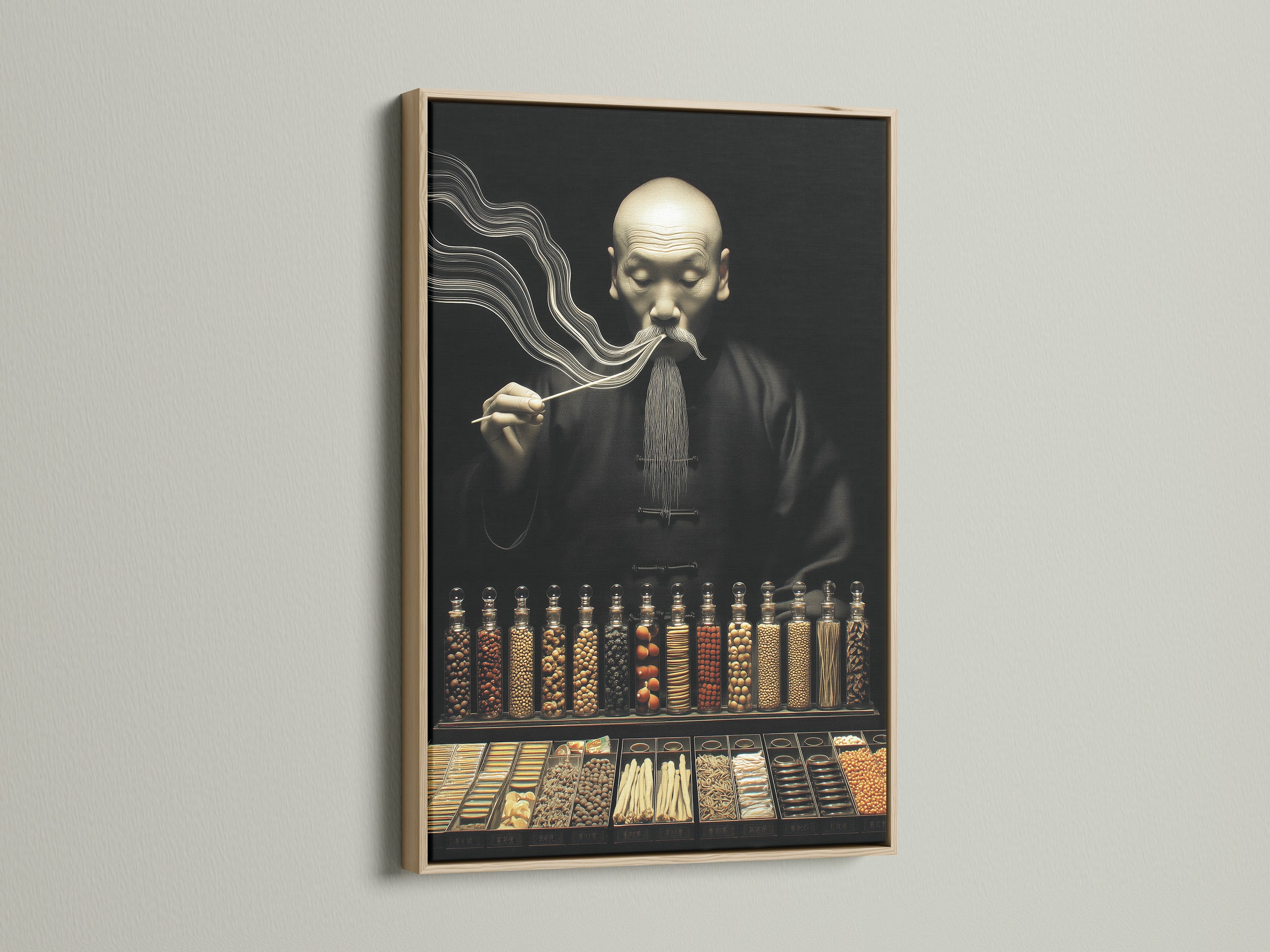 Apothecary vintage Asian artwork featuring an oak frame. This piece is perfect for adding a touch of history to your walls. The oak frame enhances the artwork's warm tones. This herbalist decor is ideal for offices and homes. A unique gift for doctors or anyone who appreciates antique science art.