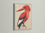 A striking red bird artwork displayed in a clean white frame. This crimson animal artwork enhances any space. It is Ideal for modern homes seeking nature-themed decor. A beautiful piece of art.