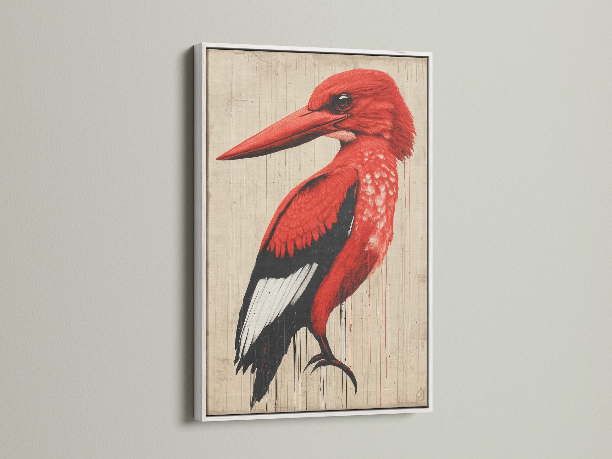 A striking red bird artwork displayed in a clean white frame. This crimson animal artwork enhances any space. It is Ideal for modern homes seeking nature-themed decor. A beautiful piece of art.