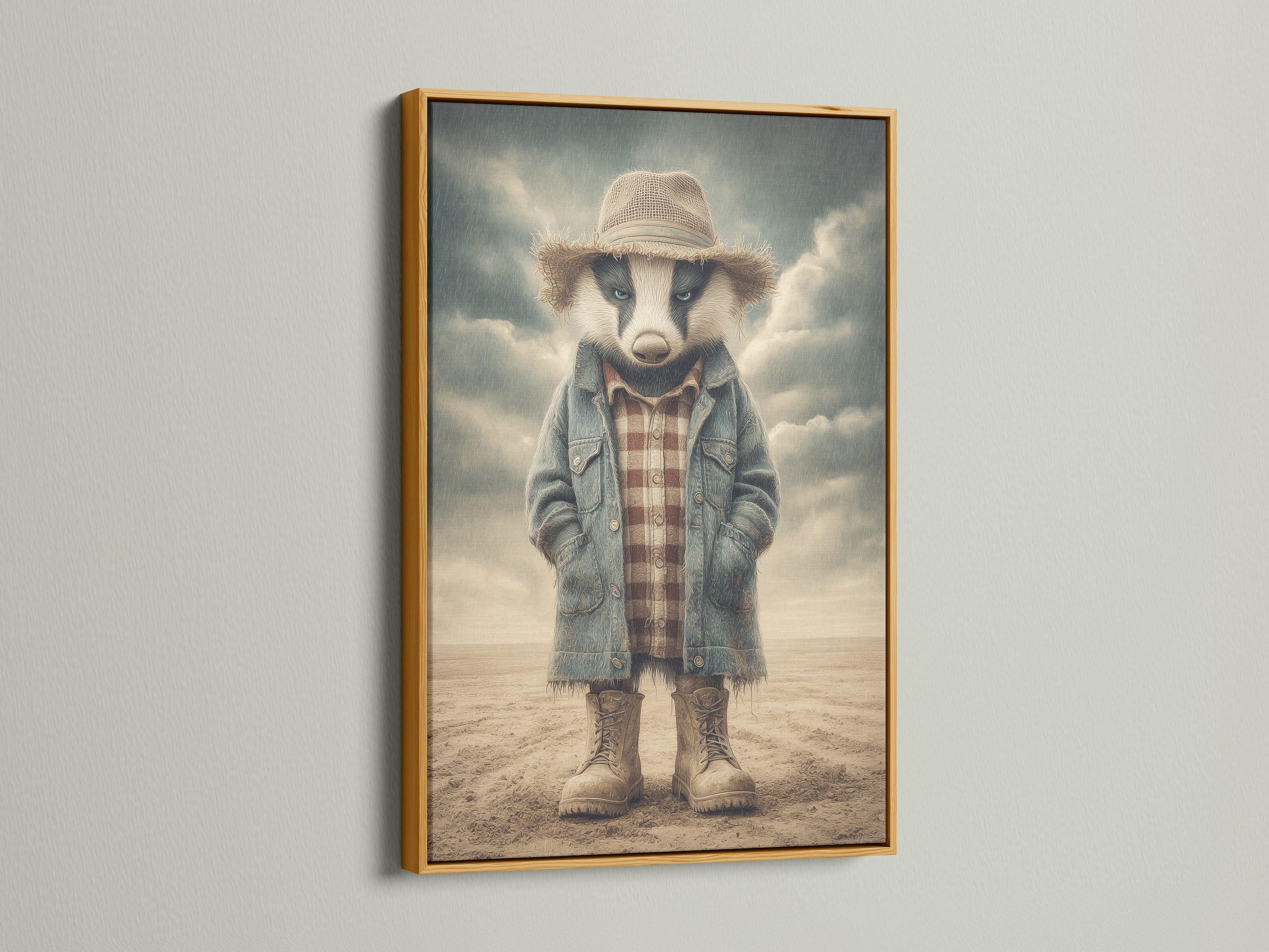 The Badger Cowboy art print is beautifully displayed in a gold frame. This western animal artwork brings a touch of vintage elegance. It is perfect for a farmhouse-style kids room or nursery. The canvas print enhances any rustic-themed home. Ideal for adding a unique and charming touch to your decor.