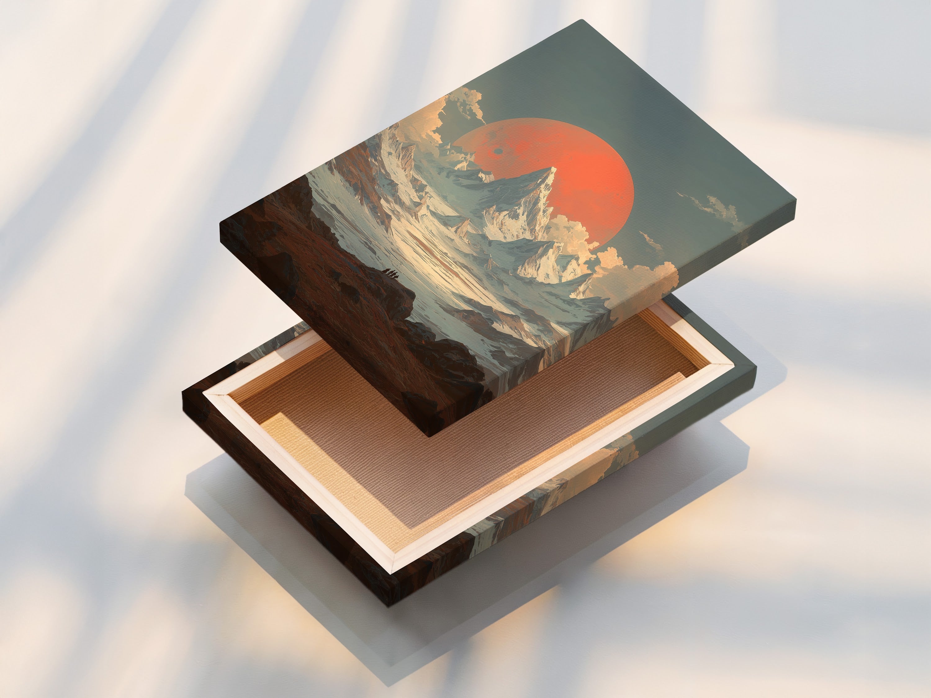 This stretched canvas print features a mountain sunset artwork. The vintage alpine landscape wall art is ready to hang. The stretched canvas ensures a gallery-quality look. The coral sun print brings a touch of nature indoors. Enhance your space with this art.