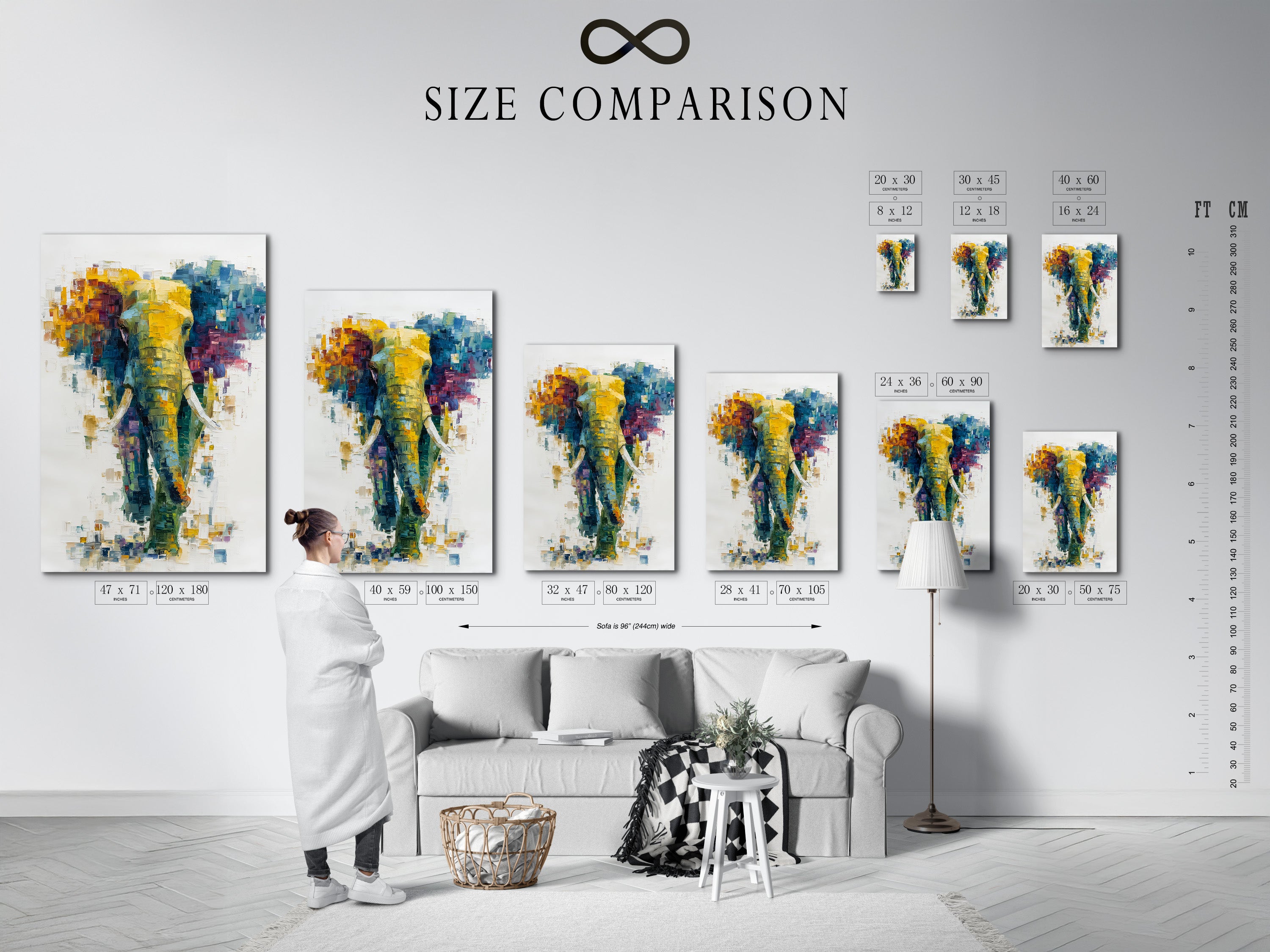 A size comparison chart is displayed in an interior setting. See how different sizes of the abstract elephant artwork fit in various spaces. Find the perfect dimensions for your living room bedroom or office wall.
