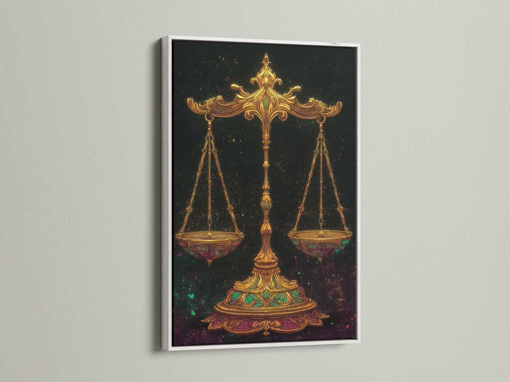 Brighten your home with our enchanting Libra Zodiac Art Print. Encased in a clean white frame this scales of justice artwork adds a touch of sophistication. Explore the beauty of astrology wall art. The celestial print is a perfect piece for any room.