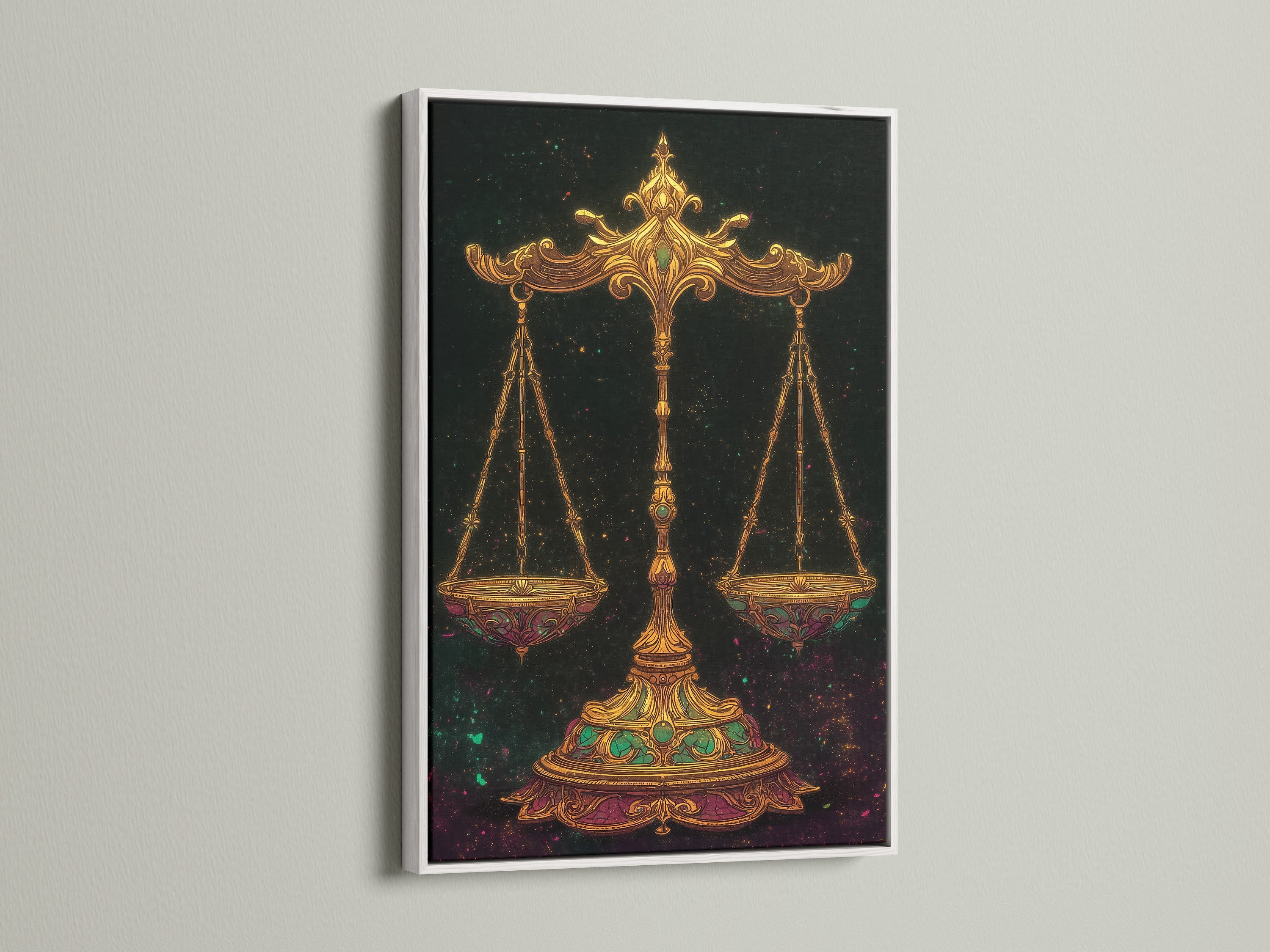 Brighten your home with our enchanting Libra Zodiac Art Print. Encased in a clean white frame this scales of justice artwork adds a touch of sophistication. Explore the beauty of astrology wall art. The celestial print is a perfect piece for any room.