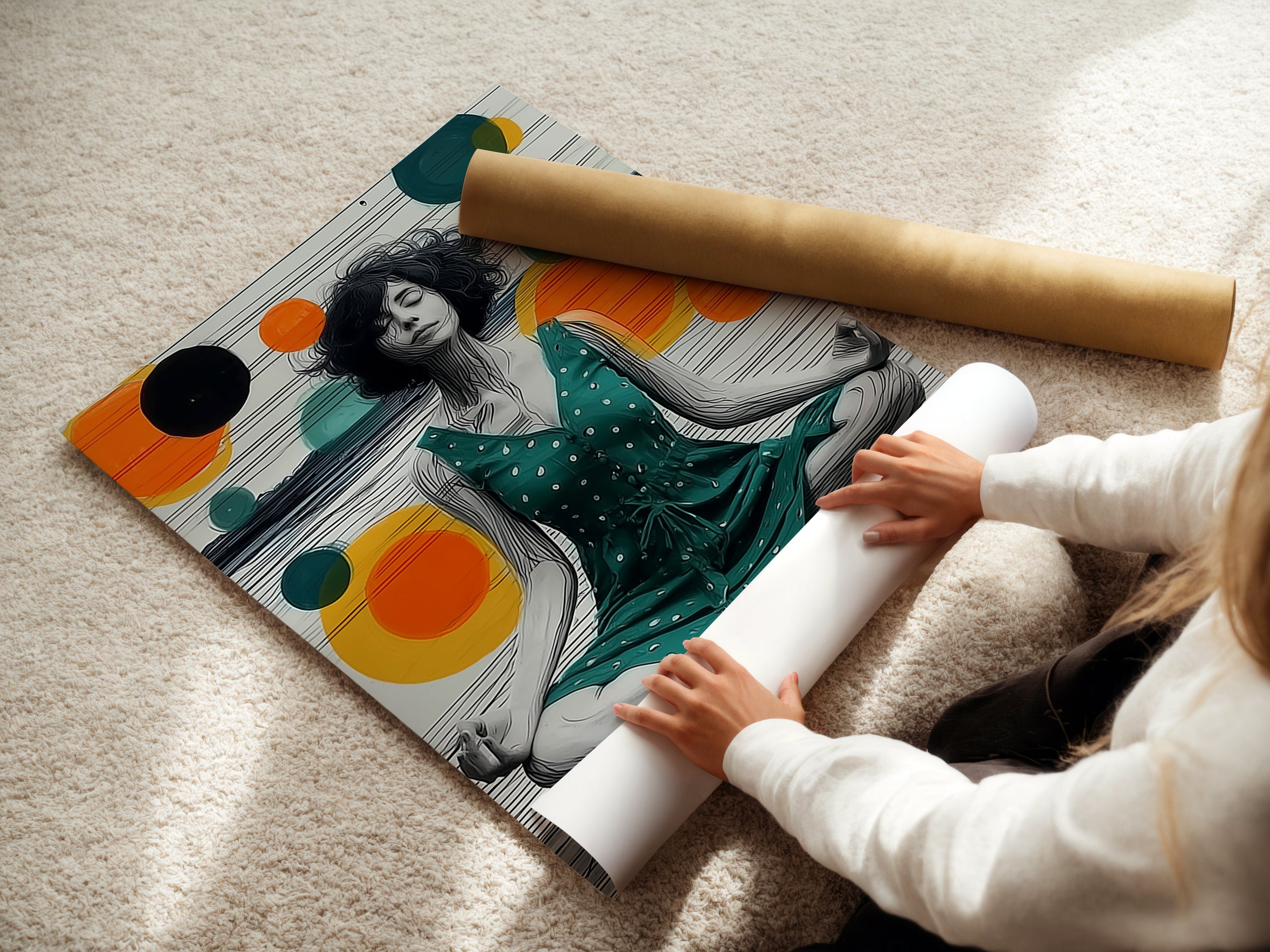 Woman rolling a fine art poster paper. We offer high-quality fine art poster paper for your spiritual art prints. Enjoy the beauty of meditation woman art in a format that suits your style and preferences.