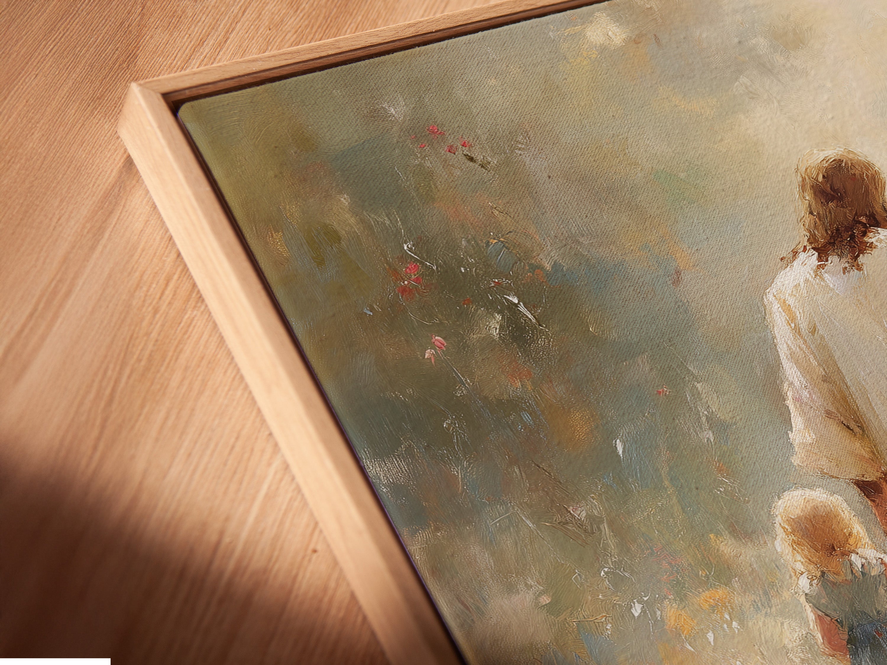 Close-up angled view of a canvas print in a floating frame. The frame enhances the artwork. The floating frame gives a contemporary gallery-like aesthetic. Perfect for modern homes and offices. Customize today.