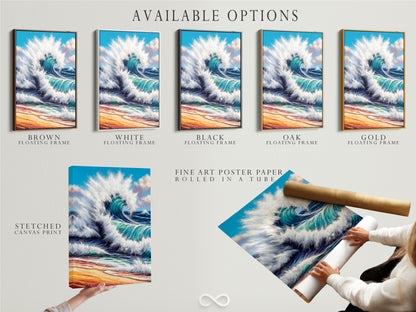 Explore the available options for the ocean wave artwork. Choose between a stretched canvas print fine art poster paper or a floating frame. Customize your teal seascape canvas. Find the perfect beach print to match your style and space. Enjoy coastal artwork.