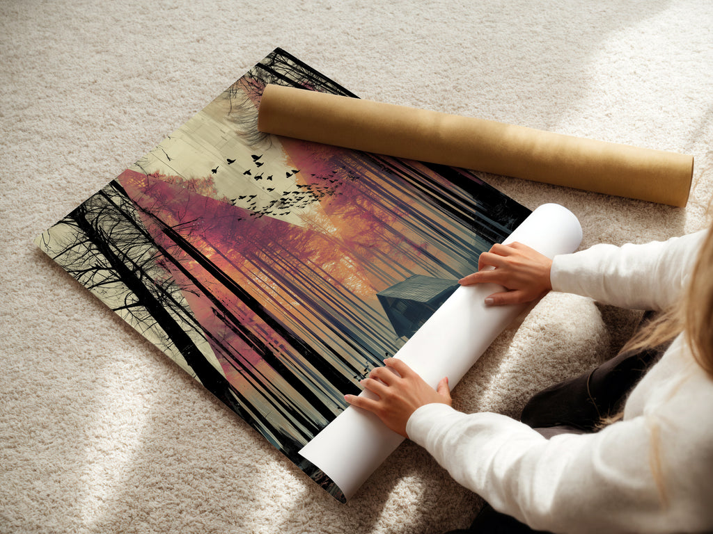 A woman is carefully rolling a fine art poster paper. This poster paper is ideal for high-quality art prints. The forest cabin artwork looks stunning on this paper. Great for creating custom wall art or gifts.