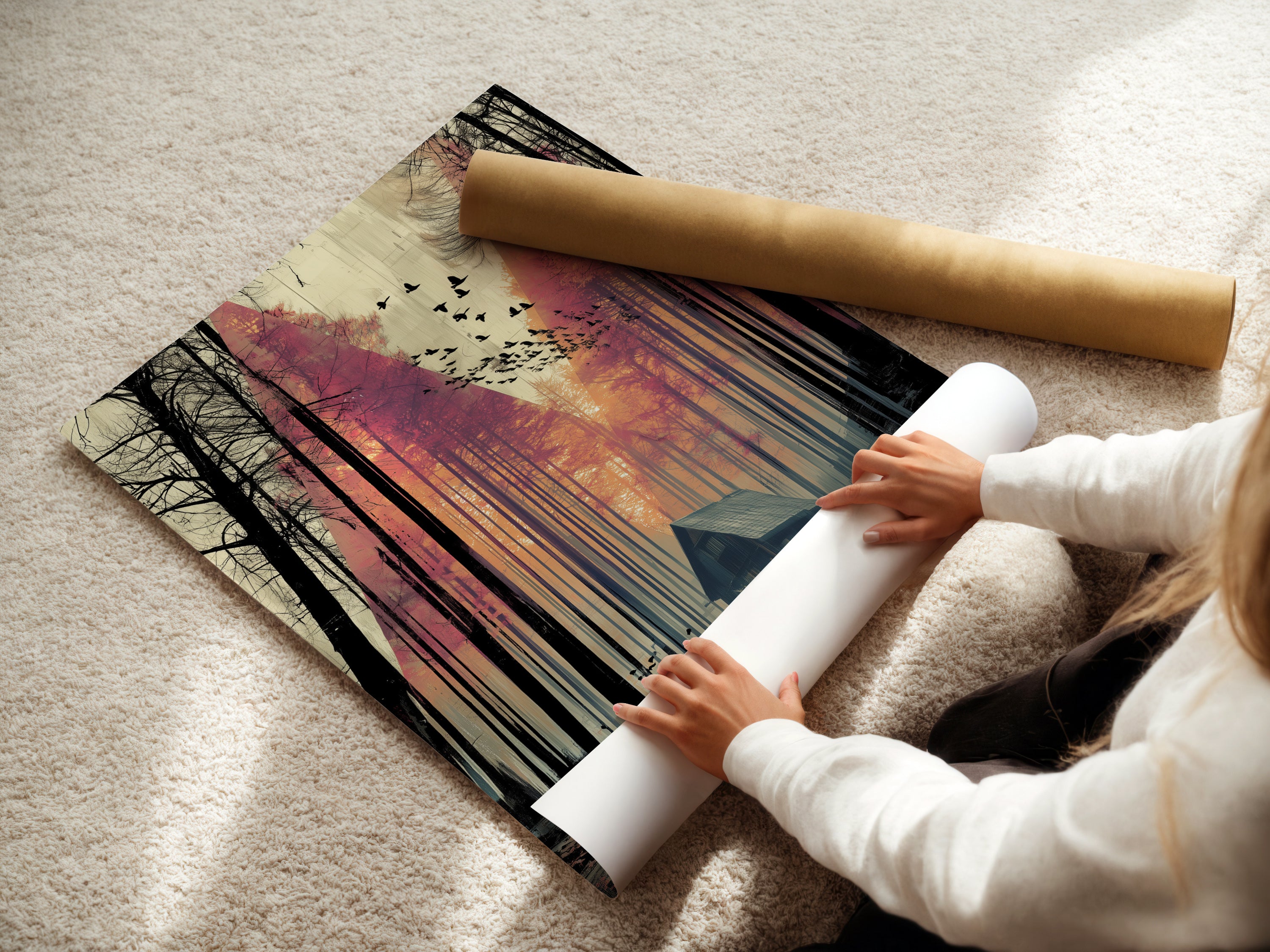 A woman is carefully rolling a fine art poster paper. This poster paper is ideal for high-quality art prints. The forest cabin artwork looks stunning on this paper. Great for creating custom wall art or gifts.