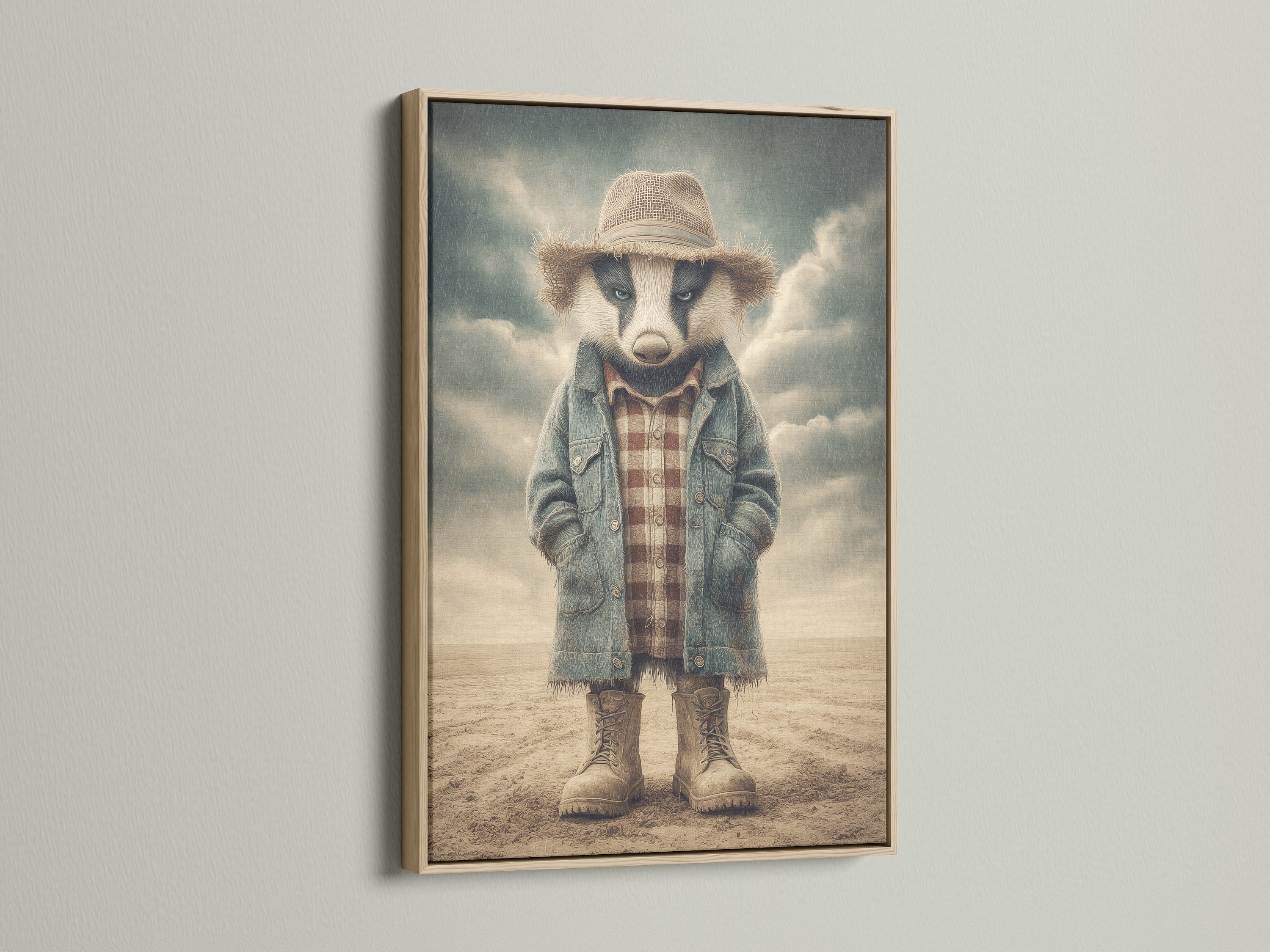 The Badger Cowboy art print is showcased in an oak frame. This western animal artwork brings vintage farmhouse style to any space. It is ideal for kids' rooms and nurseries. This canvas print captures the essence of rustic western decor. Perfect for adding a touch of country charm to your home.