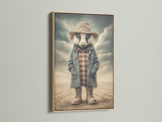 The Badger Cowboy art print is showcased in an oak frame. This western animal artwork brings vintage farmhouse style to any space. It is ideal for kids' rooms and nurseries. This canvas print captures the essence of rustic western decor. Perfect for adding a touch of country charm to your home.