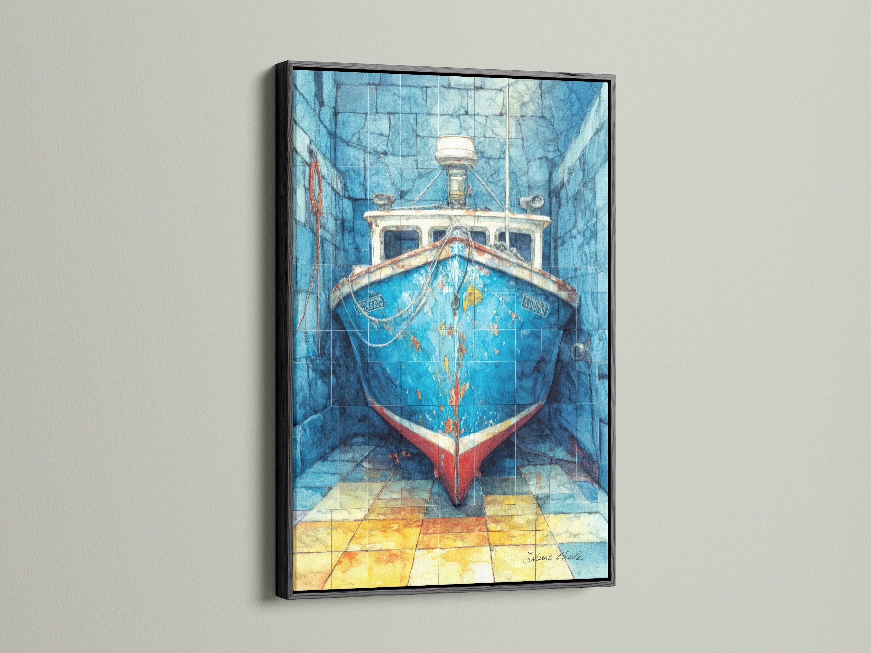 Fishing Boat artwork with a black frame. Nautical canvas print makes a statement in coastal wall art. Add boat artwork to your office. Find sea vessel prints for ocean themed art. Surprise a boat lover with this gift. Shop maritime art. Explore our coastal prints now.