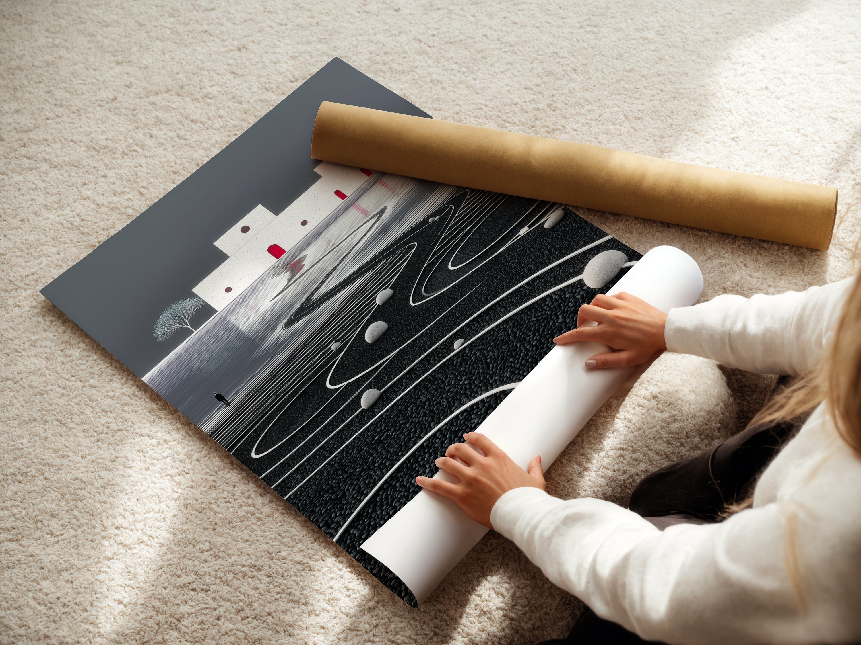 A woman is carefully rolling a fine art poster paper. This highlights the care in preserving the quality of the surreal artwork. The paper is ideal for creating minimalist wall art. It ensures a lasting zen wall decor.