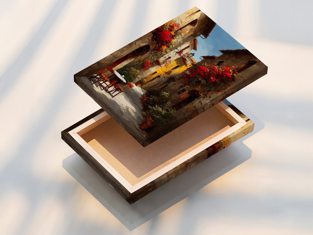Stretched canvas print of an Italian street scene with red flowers. The canvas is stretched tightly over a wooden frame. The artwork looks vibrant and detailed. This creates a ready-to-hang piece of art. The light highlights the texture of the canvas.