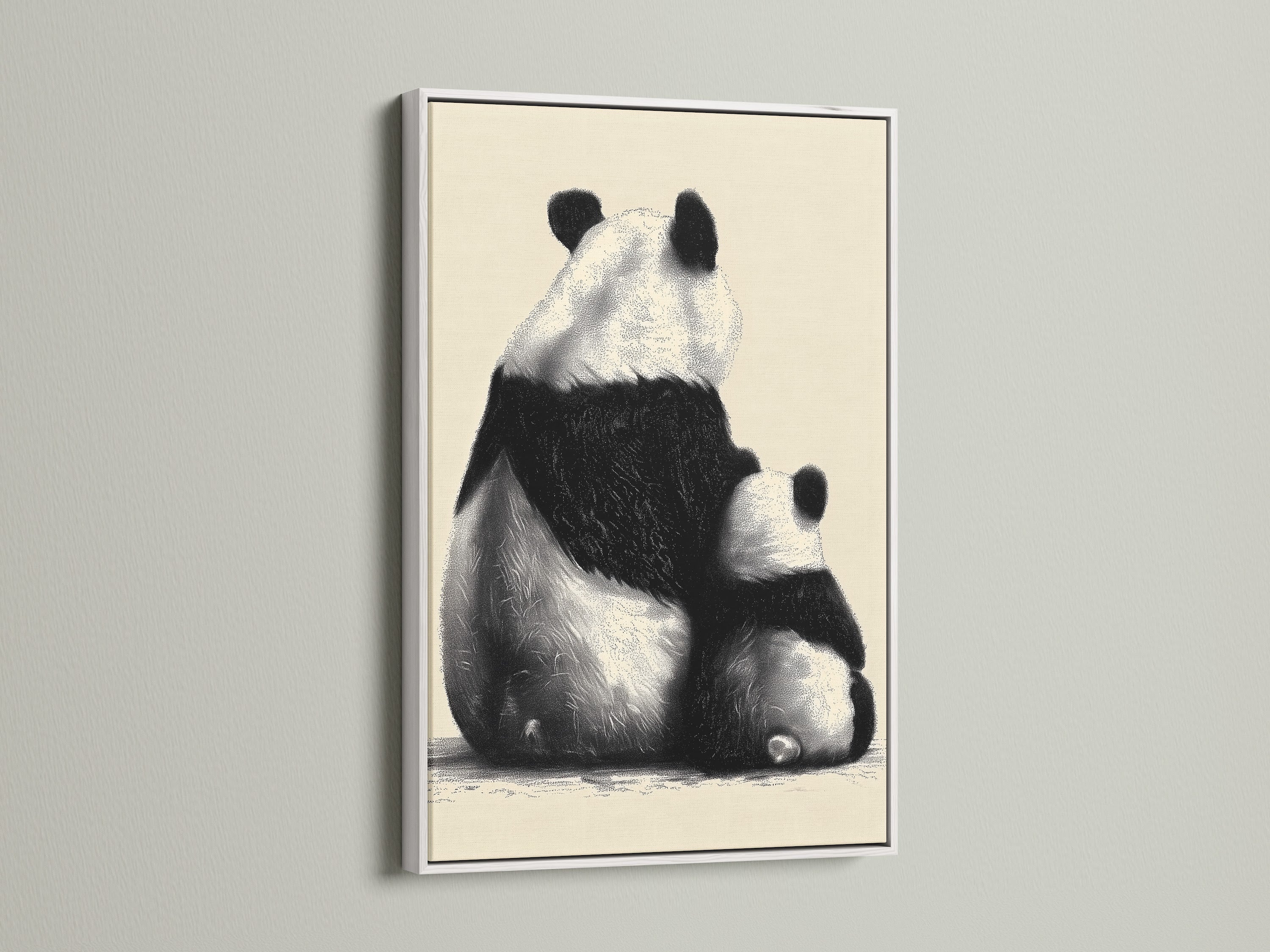 This image displays a white frame. The art inside shows a sweet panda and cub. The white frame offers a clean and modern aesthetic. Add a touch of sophistication with this framed artwork.