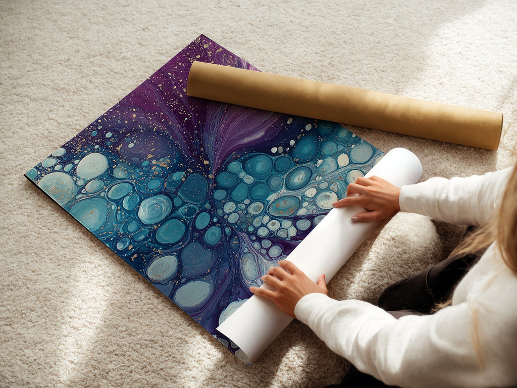 A woman carefully rolling a fine art poster paper. She's preparing it for framing or display. The poster features abstract fluid art in purple and teal tones. This high-quality print is perfect for modern wall decor. It is available in various sizes to suit your needs.