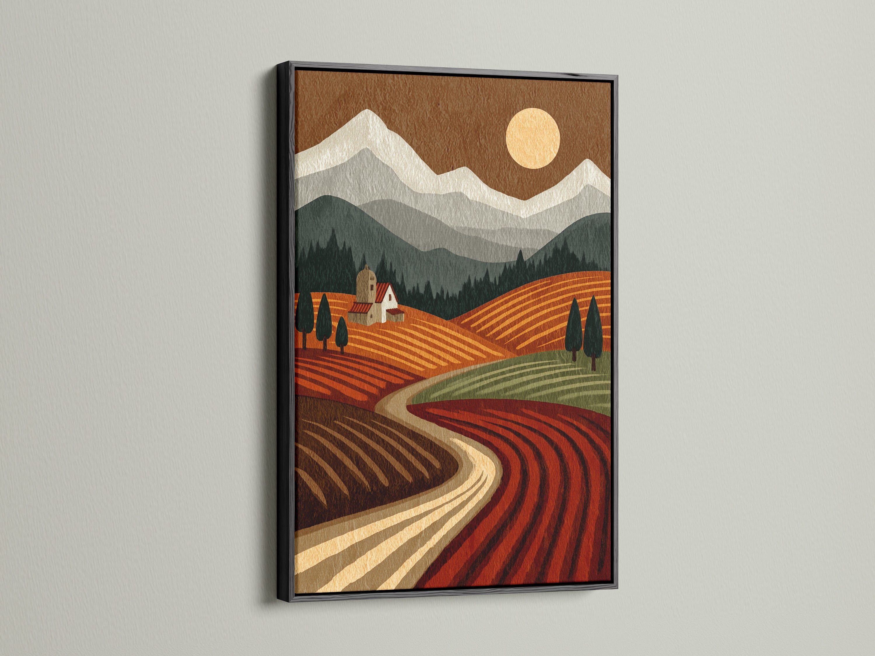 Tuscany Landscape artwork with a black frame. This earth tone art complements cafes. The mountain landscape adds depth to living room art. Italian art print enhances bedroom wall decor. It is agricultural art for any space.