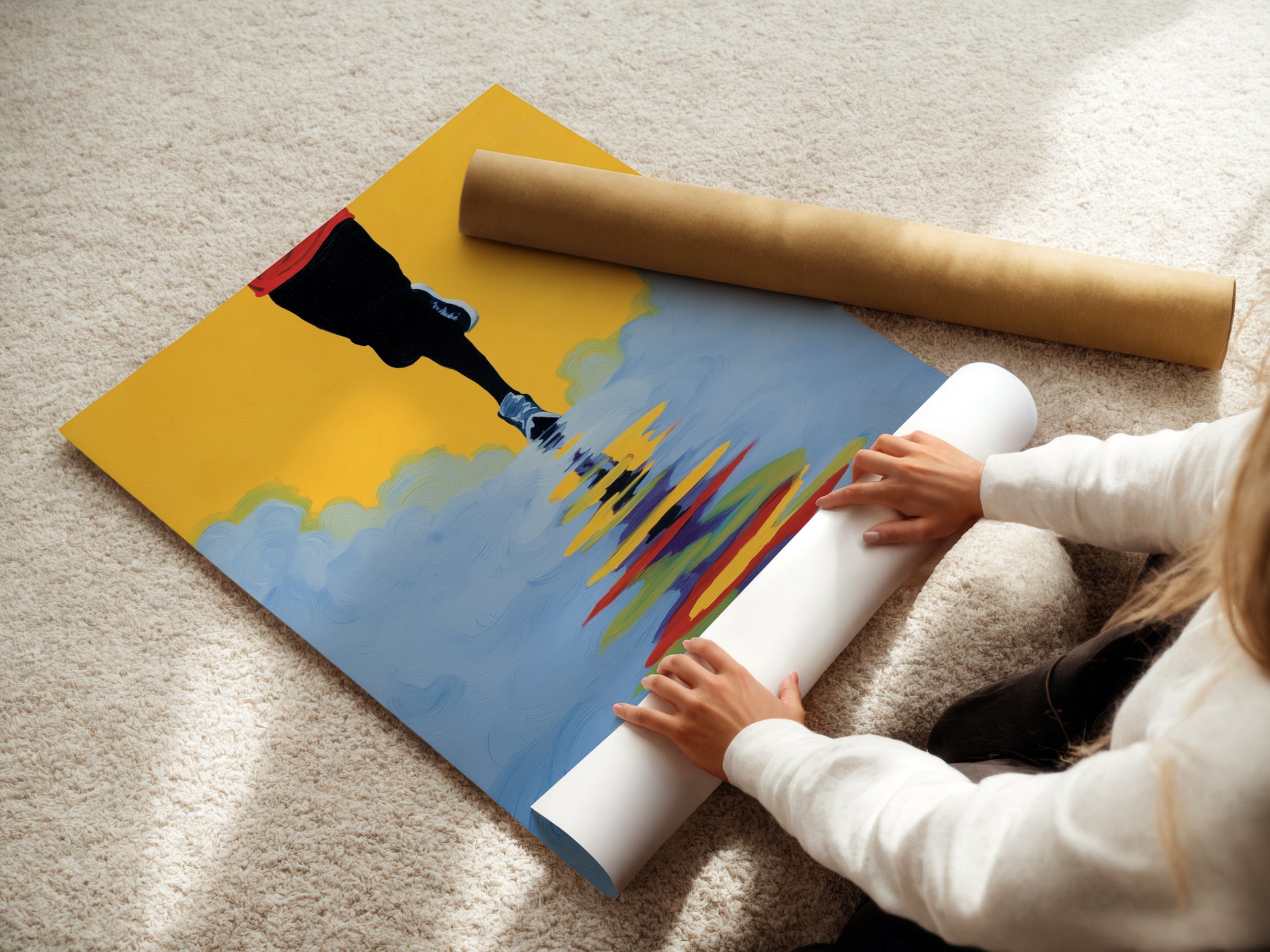 A woman is carefully rolling a fine art poster paper. This ensures the runner artwork arrives in perfect condition. The abstract marathon wall art is a modern sport artwork. Ready to become the perfect gift for any athlete.