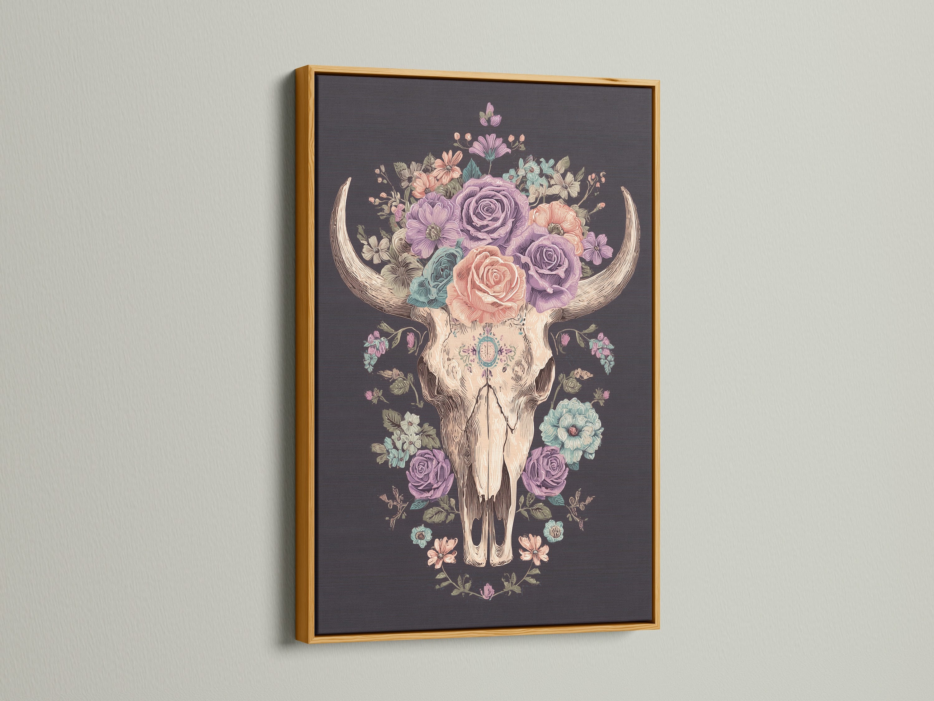 Artwork of a floral bull skull in a gold frame. The art print features a skull adorned with colorful roses. This artwork is framed in an elegant gold frame. The gold frame adds a touch of luxury. Perfect wall art for any space.