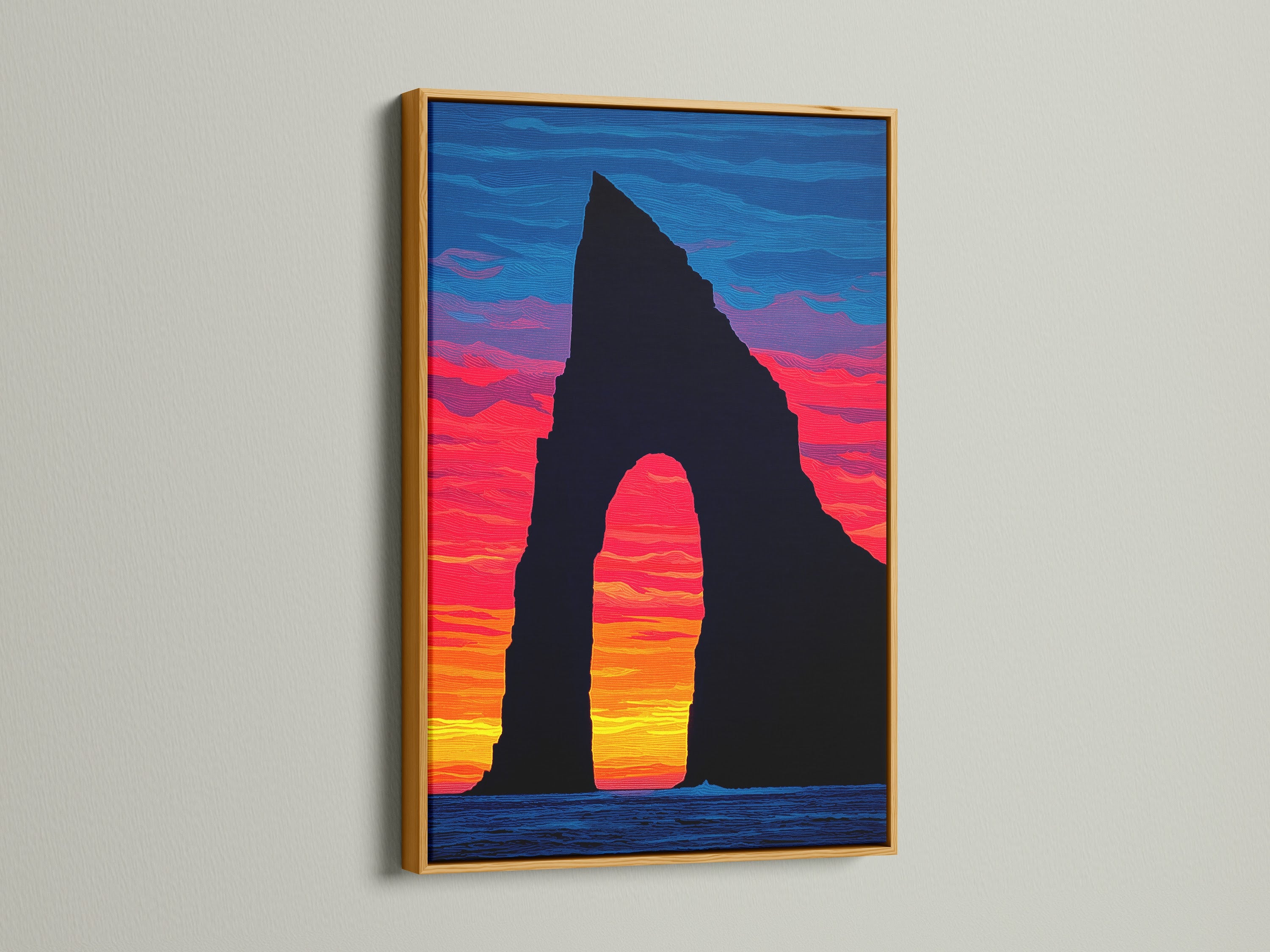 A gold frame accentuates the coastal arch canvas print. The modern ocean view artwork exudes luxury and style. The sunset seascape wall art creates a warm inviting ambiance. This coastal artwork is ideal for studios lobbies clinics and boardrooms. Enhance your interior with this stunning ocean landscape print.
