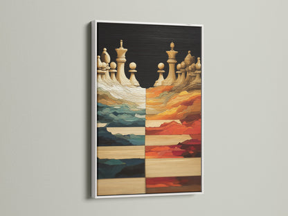 White frame highlights the abstract chess artwork. The clean border emphasizes the modern board game art. Teal and orange colors pop. A sophisticated touch for any game room wall.