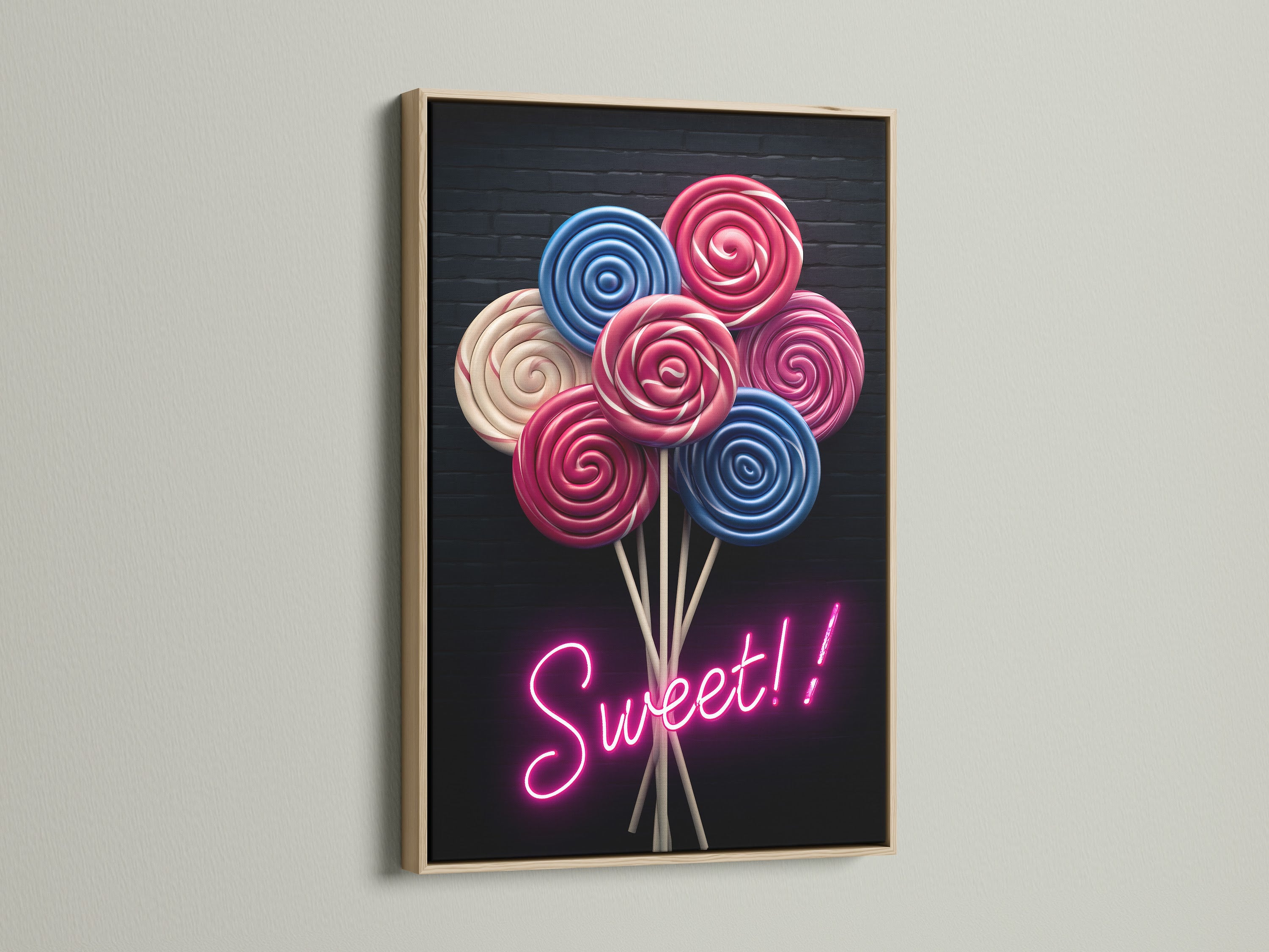 Lollipop Candy Canvas Print with an Oak Frame. This modern confectionery poster adds a fun touch to any room. The pink and blue lollipop art is perfect for a playroom. It also works well in a modern cafe.