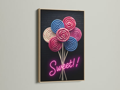 Lollipop Candy Canvas Print with an Oak Frame. This modern confectionery poster adds a fun touch to any room. The pink and blue lollipop art is perfect for a playroom. It also works well in a modern cafe.