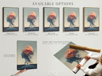 Explore available options for our surreal double exposure artwork. Choose from stretched canvas prints fine art poster paper or floating frames. The artwork features a woman silhouette a moon and a tree. Customize your art to match your unique style.