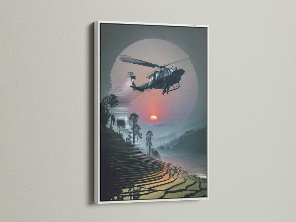Enhance your space with Vietnam War Era Wall Art in a white frame. The sunset aviation poster features a helicopter artwork. This military aircraft print is ideal for adding a touch of history to your walls.