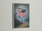 Enhance your space with Vietnam War Era Wall Art in a white frame. The sunset aviation poster features a helicopter artwork. This military aircraft print is ideal for adding a touch of history to your walls.