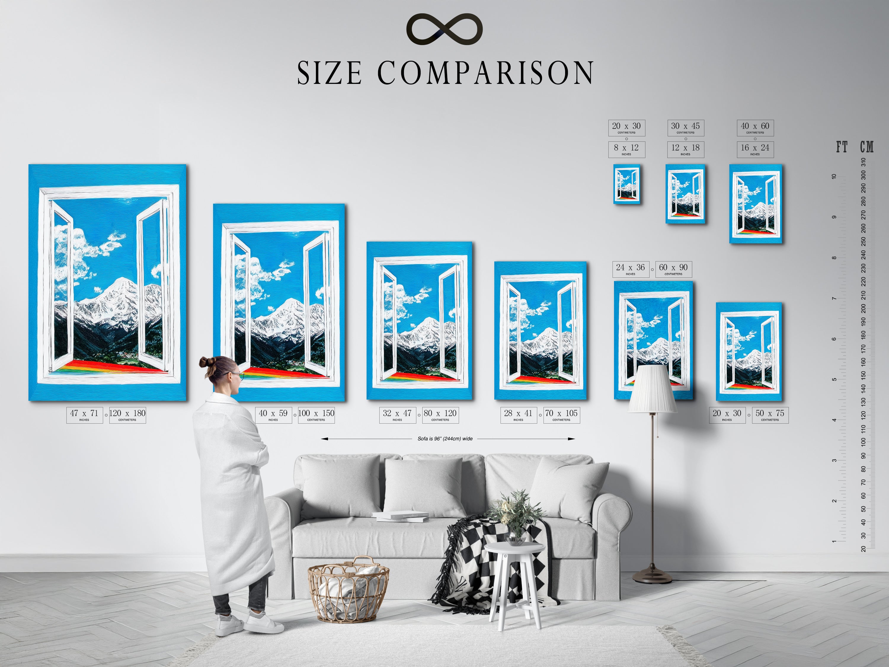 A size comparison chart is displayed in an interior setting. The chart showcases various sizes of the mountain view artwork. This helps visualize the perfect fit for your space. Choose from stretched canvas prints or fine art poster paper. Find the ideal size for your home wall decor.