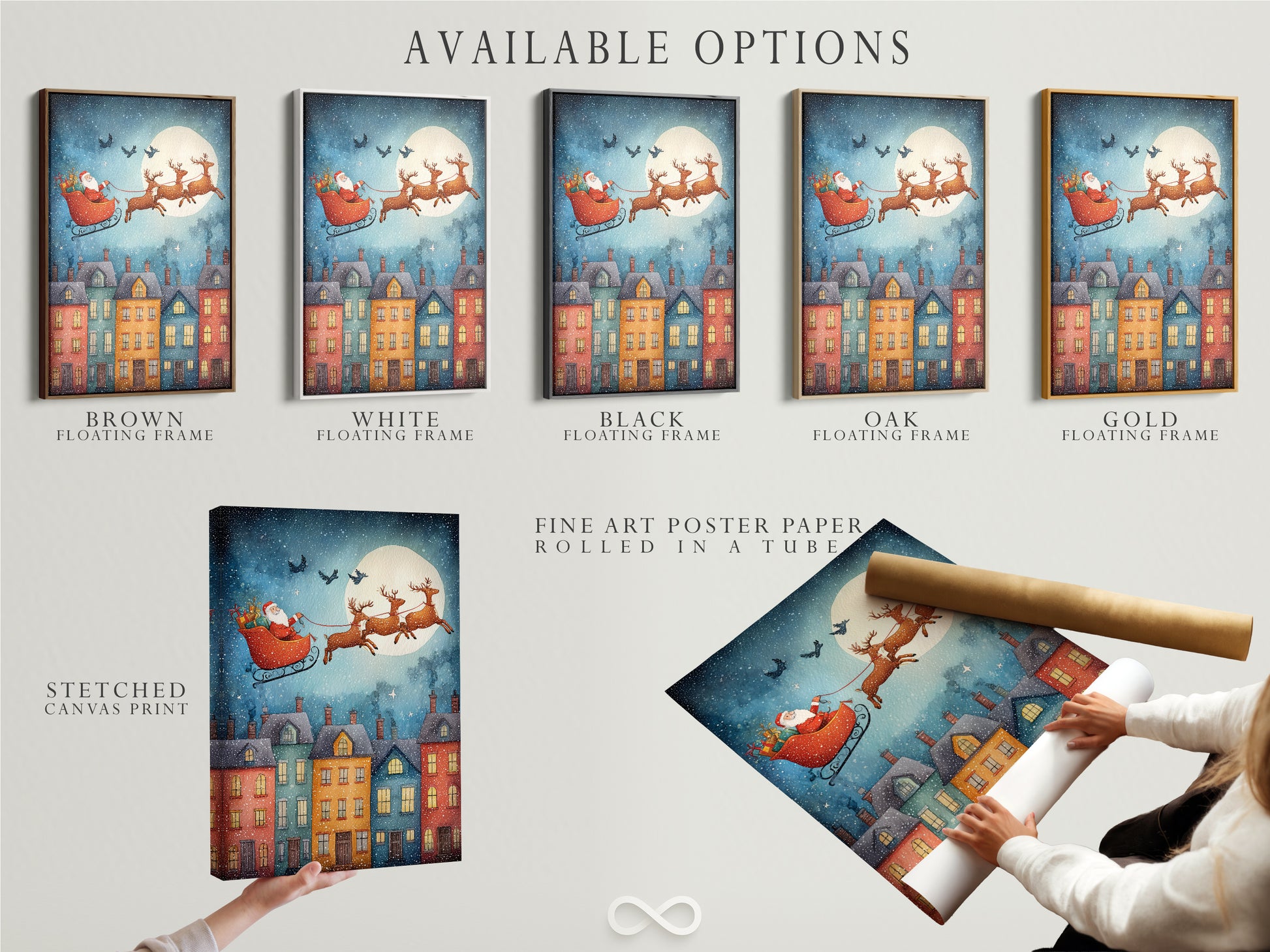 Available options are displayed. Stretched canvas print is one option. Fine art poster paper is another option. A floating frame is also available. Choose the best option for your style. Enhance your holiday wall art. Select your preferred artwork finish. All Options are great for christmas decor.