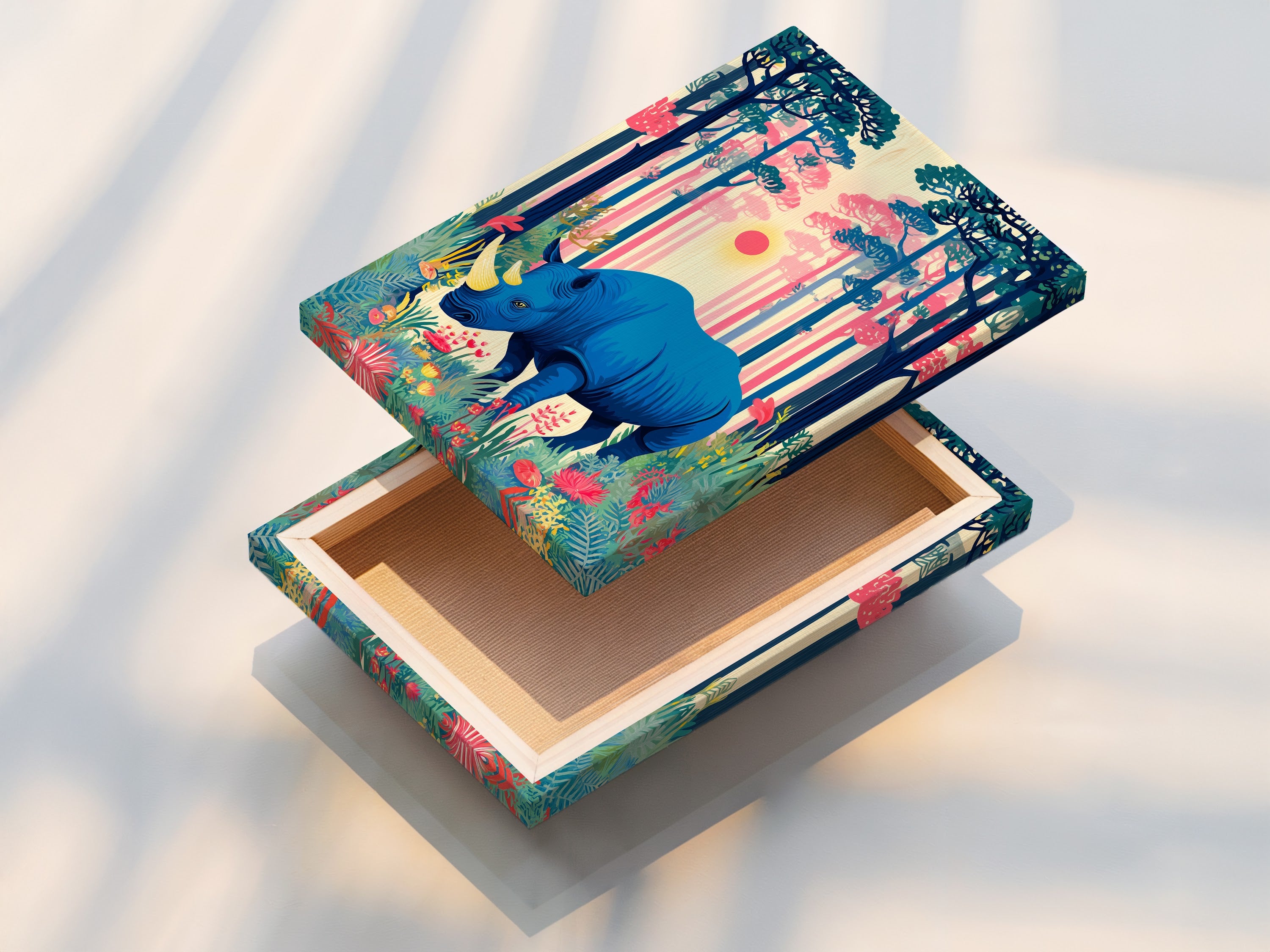 The stretched canvas print of the blue rhino artwork is displayed. This wildlife canvas is ready to hang and enjoy. The tropical forest wall art brings nature indoors. Perfect for adding a pop of color to your living space. A vibrant and captivating art print.