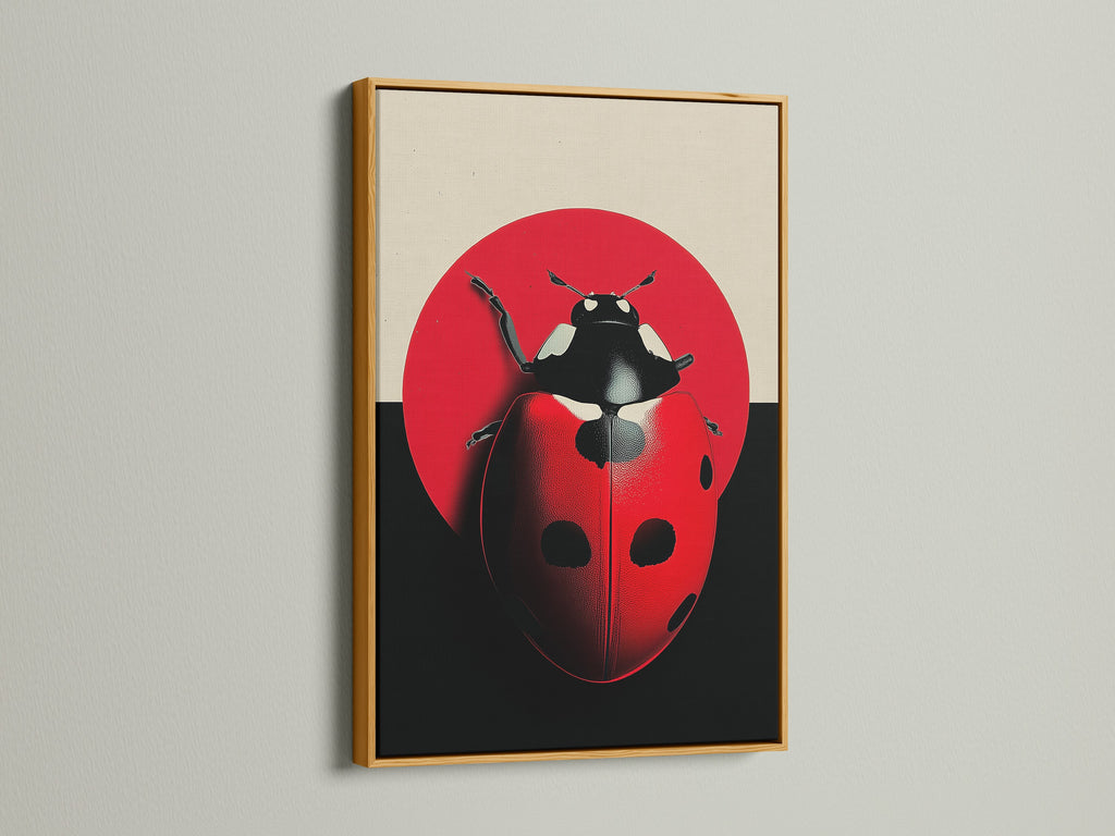 A gold frame highlights the ladybug art. This red insect canvas is a luxurious addition to playroom decor. This modern art print brings elegance to kids' wall art. It's a lucky charm artwork with a touch of glamor.