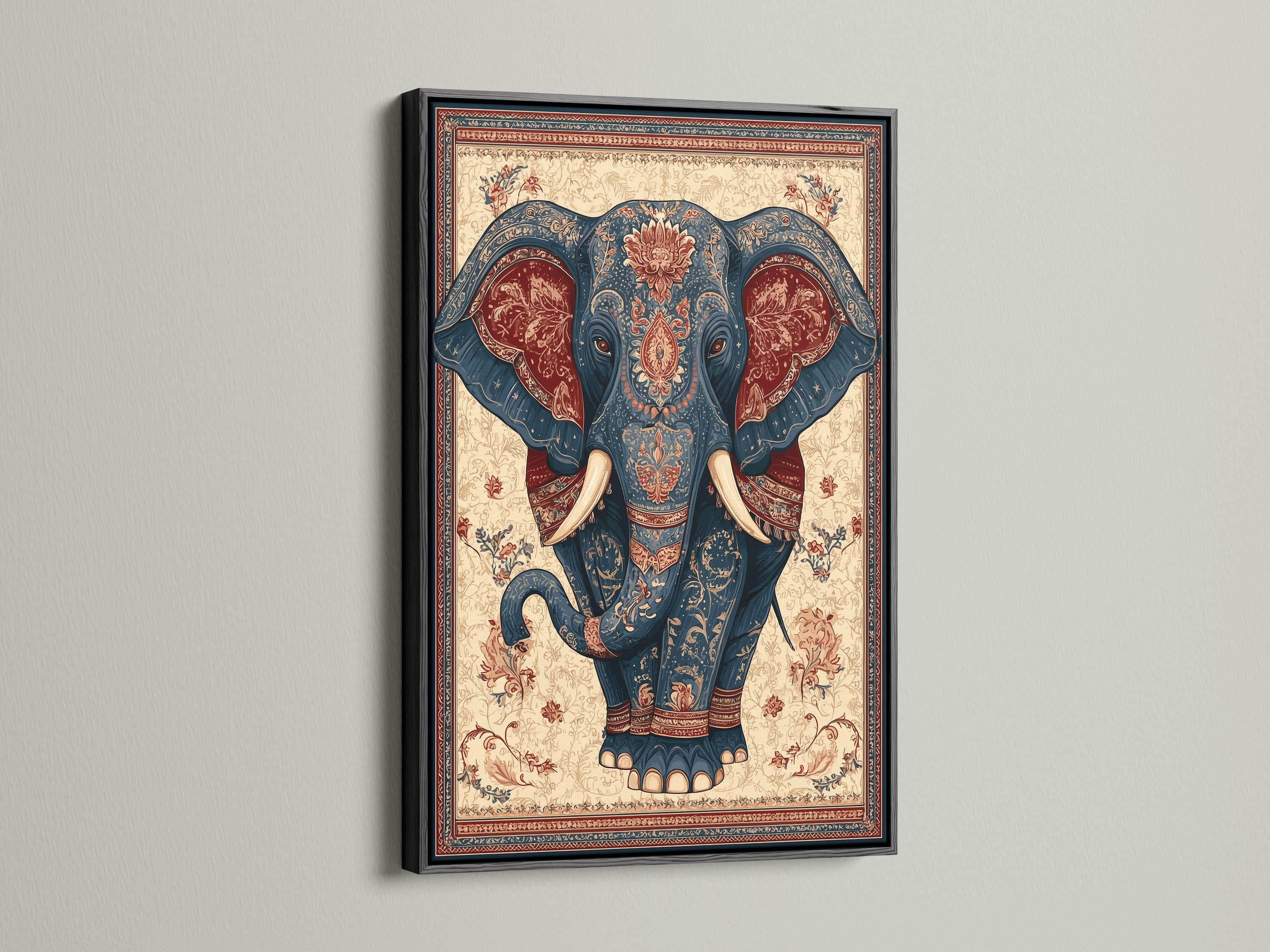 A black frame presents an elephant artwork. The black frame adds a touch of sophistication. It creates a bold contrast with the artwork. This classic frame complements a variety of styles. It makes a striking statement in any room. Explore the elegance of a black frame for your artwork.