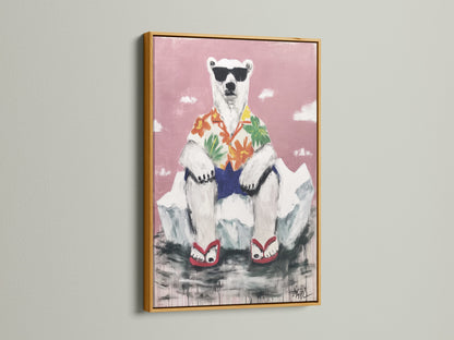 A cool polar bear artwork in a gold frame. This funny animal print adds a touch of glam. This tropical wall art complements any style. Ideal for living rooms and creative spaces. Add summer vibes today.