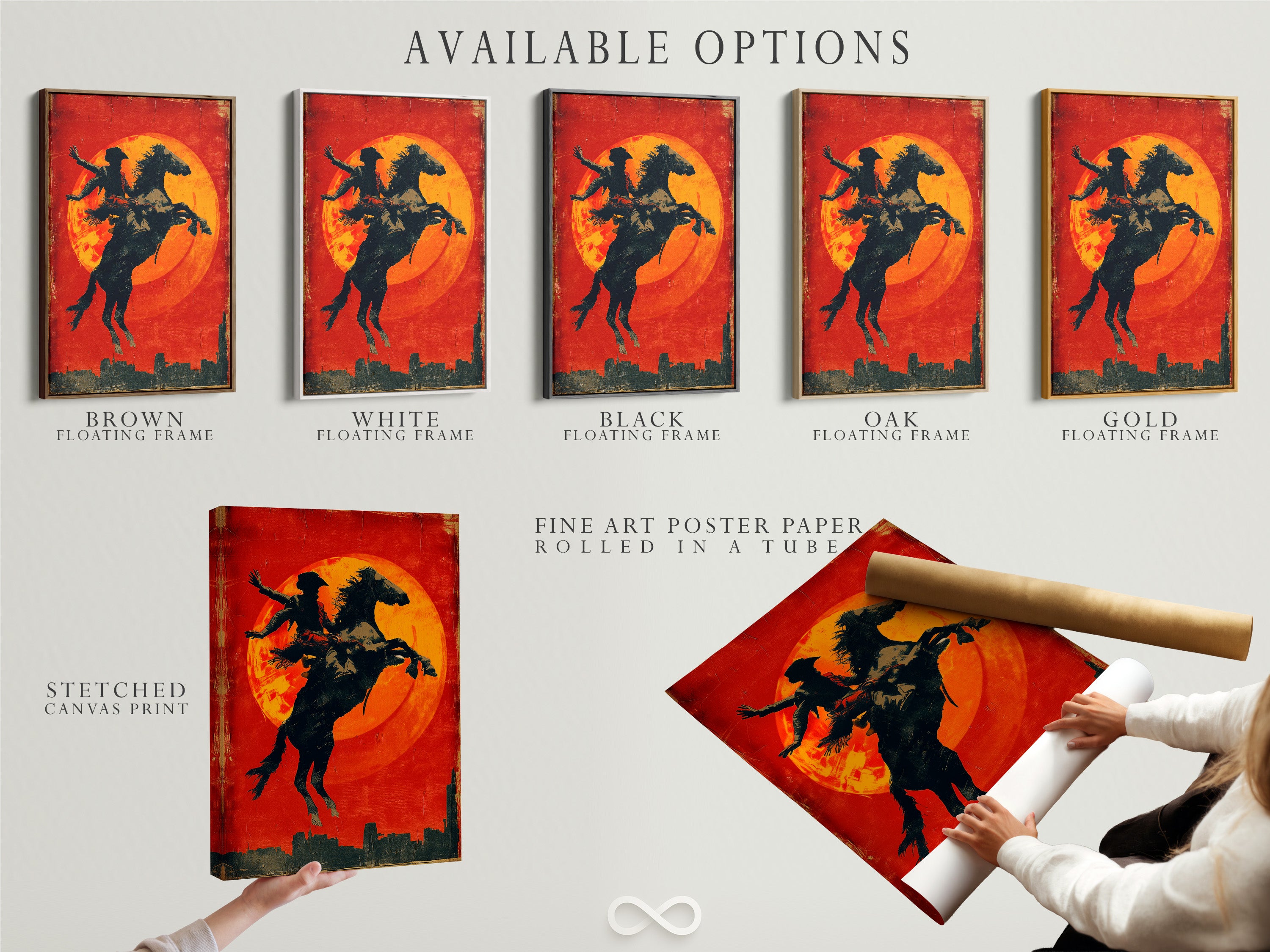 Explore our available options for your artwork. Choose from a stretched canvas print. Fine art poster paper and floating frame options are available. Customize your artwork to match your style. Start personalizing today
