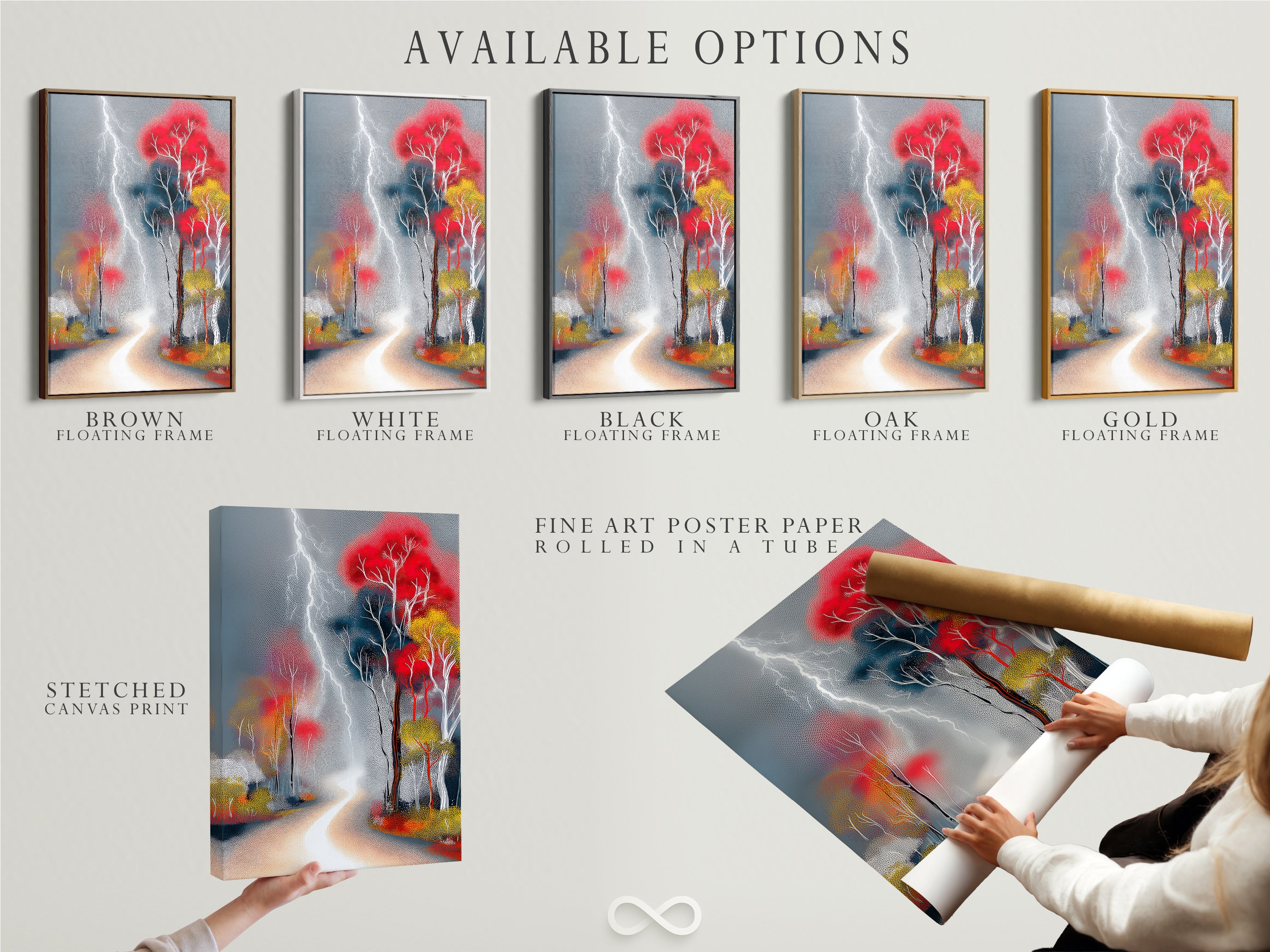 Explore the available options for the 'Lightning Forest' artwork. Choose from a stretched canvas print a fine art poster paper or a floating frame. Customize your art to match your style. Enhance your space with this versatile and captivating artwork.