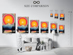 A size comparison chart displayed in an interior setting. It shows the various sizes available for the mountain lake artwork. This helps customers visualize the perfect fit for their space. Choose the ideal size for your wall decoration.