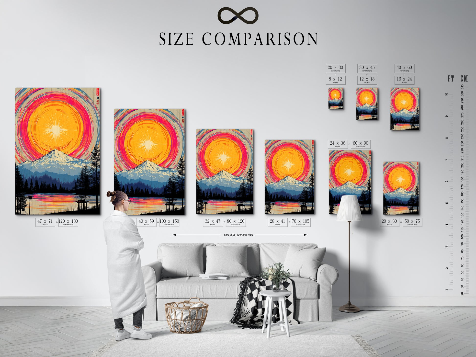 A size comparison chart displayed in an interior setting. It shows the various sizes available for the mountain lake artwork. This helps customers visualize the perfect fit for their space. Choose the ideal size for your wall decoration.