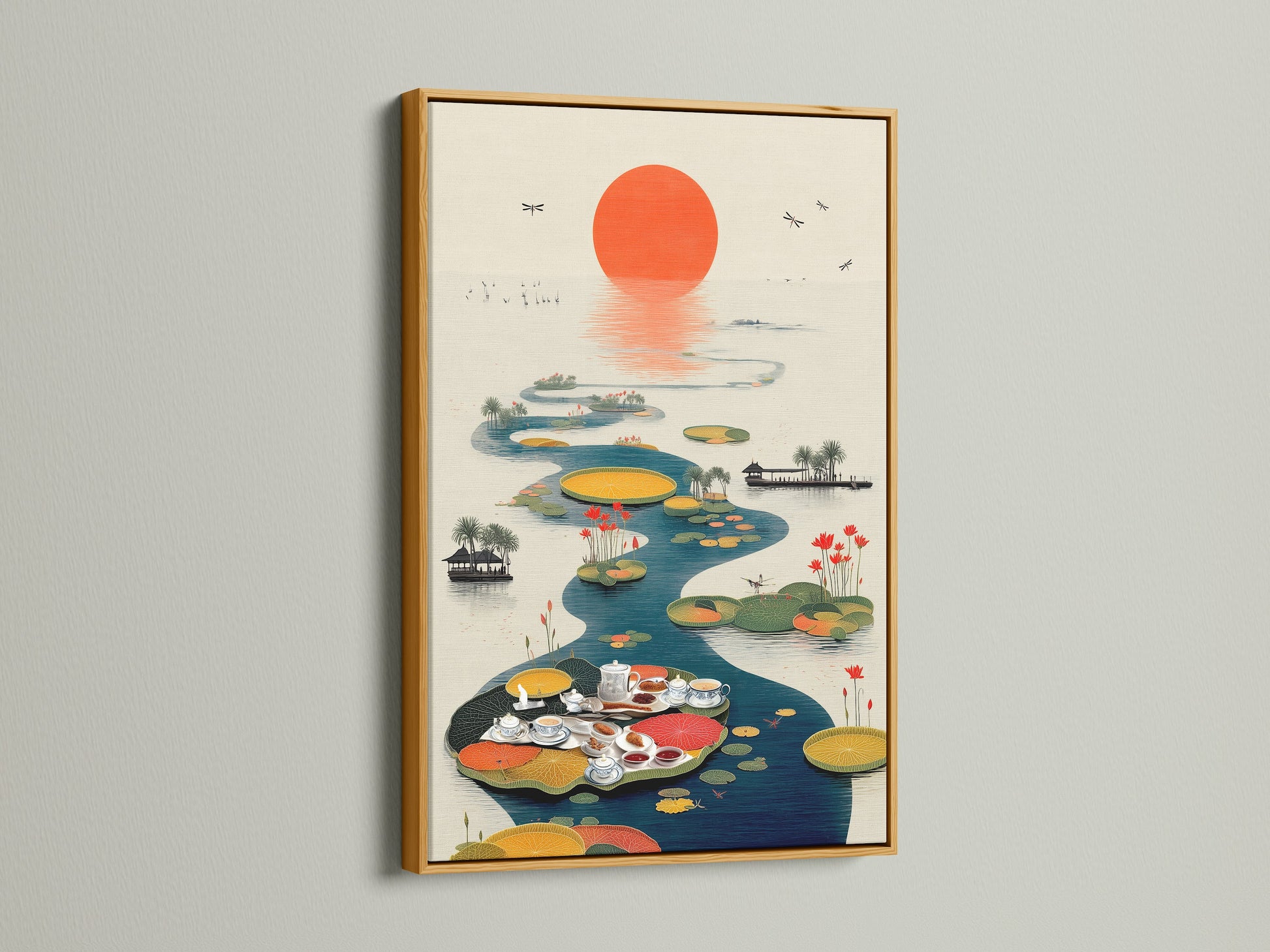 Asian Tea Ceremony artwork with a gold frame. This oriental wall art features a peaceful lotus pond. The gold frame enhances the artwork's serene and elegant qualities. This piece adds a touch of luxury to living rooms or clinics. Bring a sense of Asian tranquility to your space.