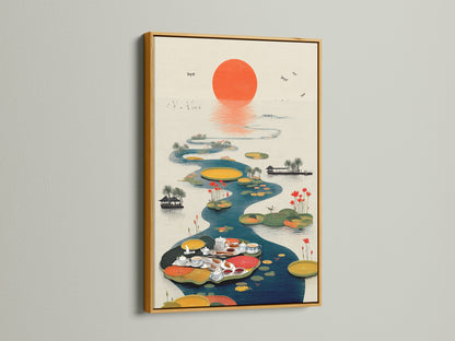Asian Tea Ceremony artwork with a gold frame. This oriental wall art features a peaceful lotus pond. The gold frame enhances the artwork's serene and elegant qualities. This piece adds a touch of luxury to living rooms or clinics. Bring a sense of Asian tranquility to your space.